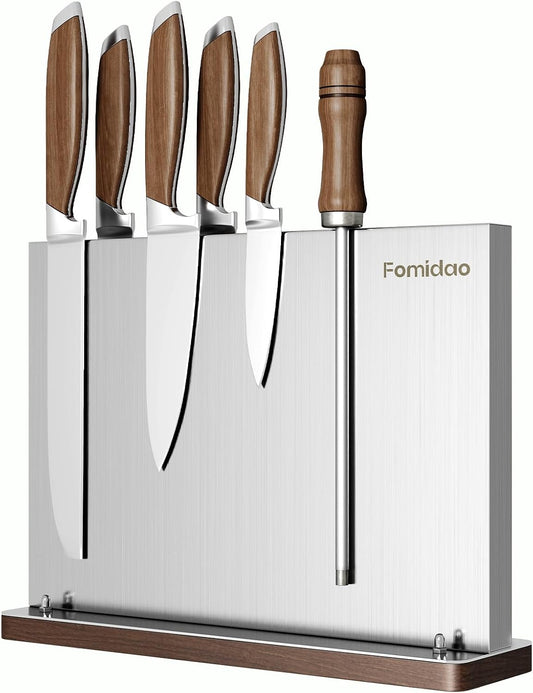 Magnetic Knife Block,Stainless Steel Magnetic Knife Holder Rack for Kitchen Counter,Strong Double Sided Magnet Knife Storage Stand with Wood Base