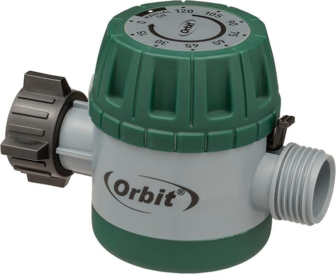 Orbit Mechanical Water Timer - Adjustable Irrigation Shutoff for Lawn & Garden Watering - Battery-Free Clockwork Hose Faucet Timer with Easy Grip Dial & Manual Bypass - 62034