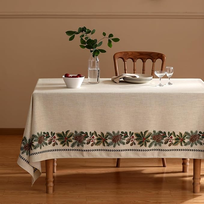 ISAENNE Designer Christmas Linen Long Tablecloth Rectangle,Light Beige Western Table Cloth,Wrinkle Resistant Decor Tablecloths for Dining Thanksgiving Kitchen Christmas,63"*102"-Carol G