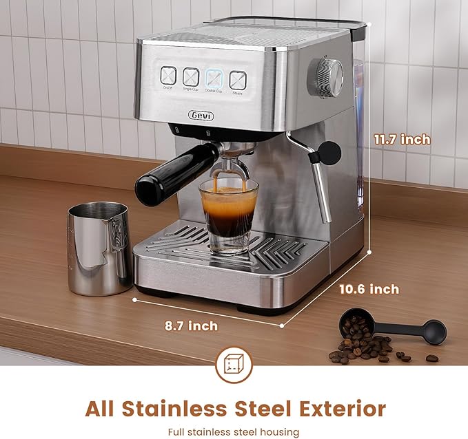 Gevi Espresso Machine with 58mm Portafilter & Milk Frother, 20 Bar Compact Expresso Machines for Home, Professional Espresso Coffee Machines for Cappuccino & Latte, Stainless Steel (Silver)