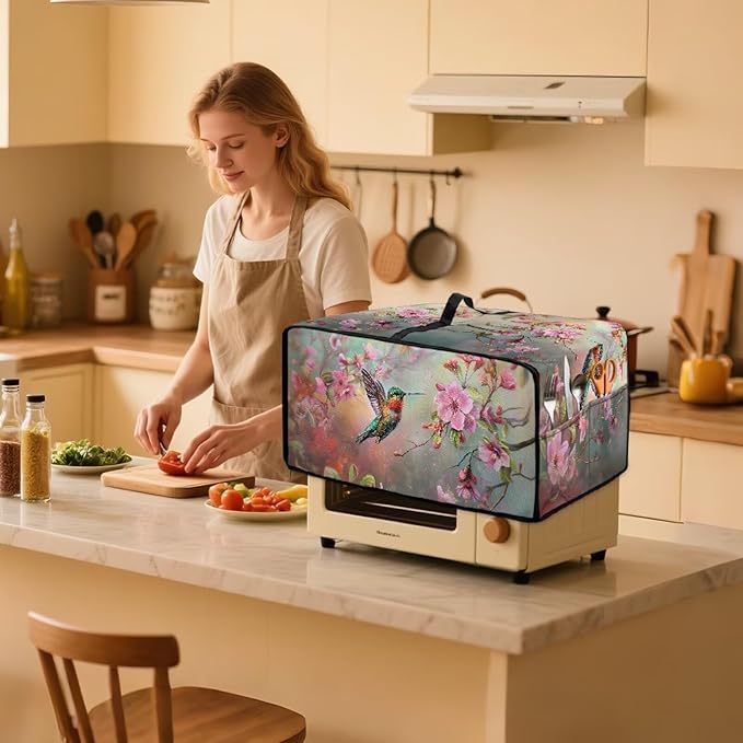 Air Fryer Toaster Oven Dust Cover Protective Microwave Oven Cover Small Appliance Protector Decorations Kitchen Accessories, M, Hummingbird Pink Flower