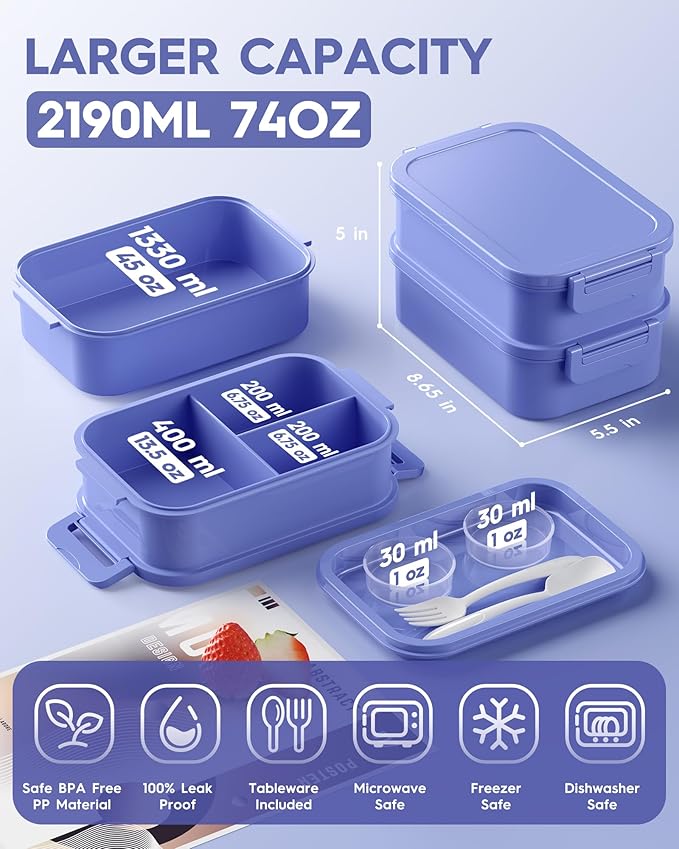 KEMETHY Adults Bento Lunch Box Set with Thermo Bag, 74oz Stackable Leak-proof 3-tiers Bento Box, Built-in Utensil and Sauce Container for Work, School, Dining Out (Purple)