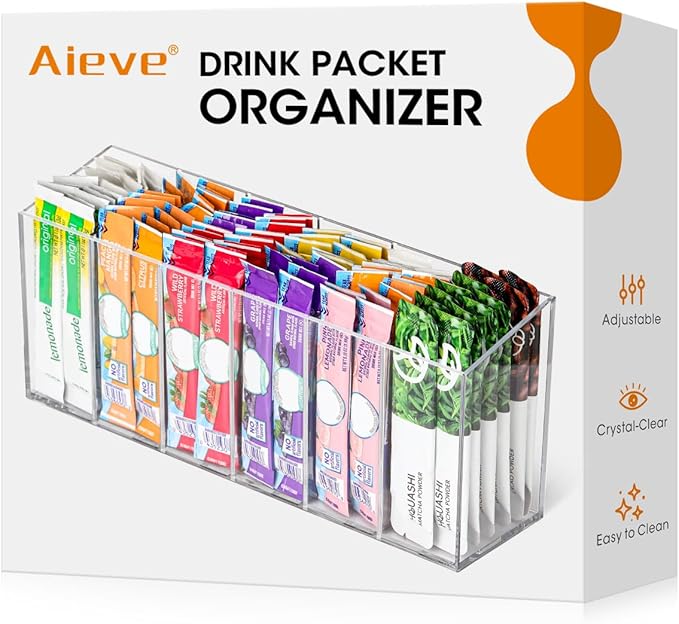 AIEVE Drink Packet Organizer, Water Drink Packet Holder with Removable Divider, Water Flavor Packet Organization Container for Kitchen Organizers and Storage (6 Compartments)