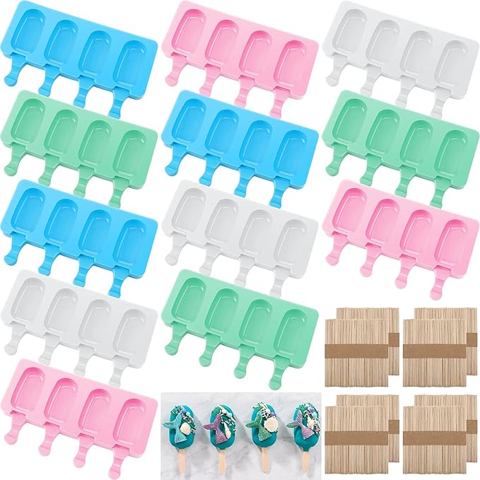 Irenare 12 Pcs Cakesicle Molds Silicone Small, 4 Cavities Cake Pop Mold Ice Pop Mold Ice Cream Molds Oval with 400 Wooden Sticks for DIY Cake