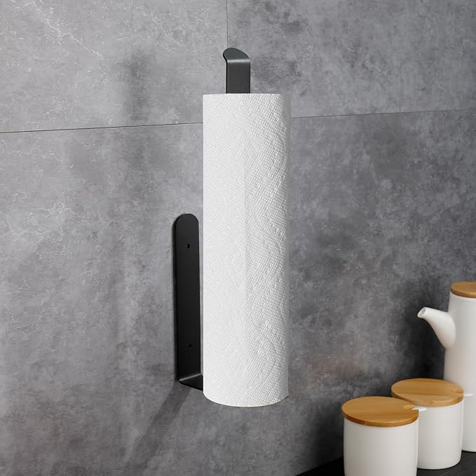 Self Adhesive Paper Towel Holder Under Cabinet Mount, 304 Stainless Steel Wall Mount Paper Towel Roll Rack for Kitchen Cabinet, Bathroom (Blakc)