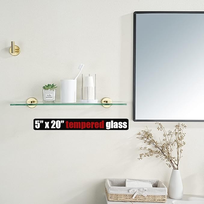JQK Bathroom Glass Shelf Gold, Tempered Glass Shower Storage 20 by 5 inches, 304 Stainless Steel Brushed Gold Wall Mount, TGS101L20-BG