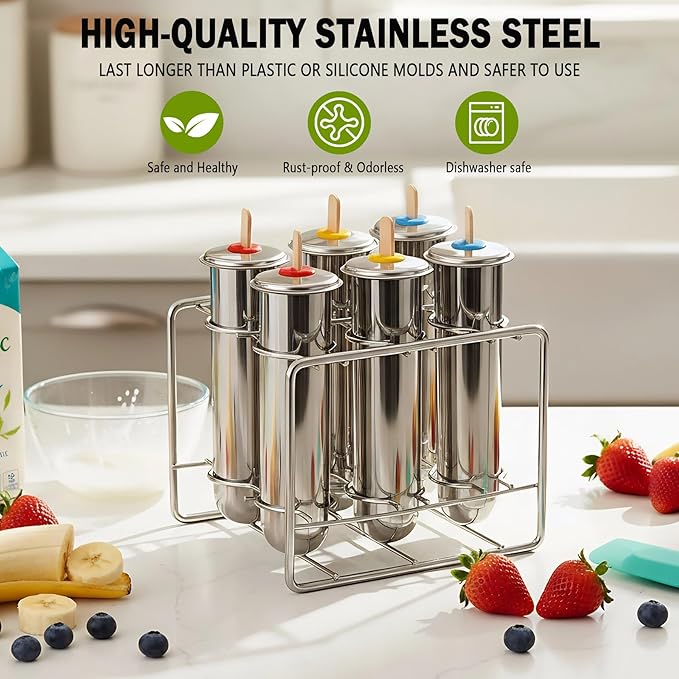 Stainless Steel Popsicle Molds Set 6 Pieces Ice Pop Maker, Homemade Popsicle Molds Maker with 50 Sticks, 20 Bags, 14 Silicone Seals, 1 Cleaning Brush and 1 Stand, DIY Ice Pop Mold for Kids (Round)