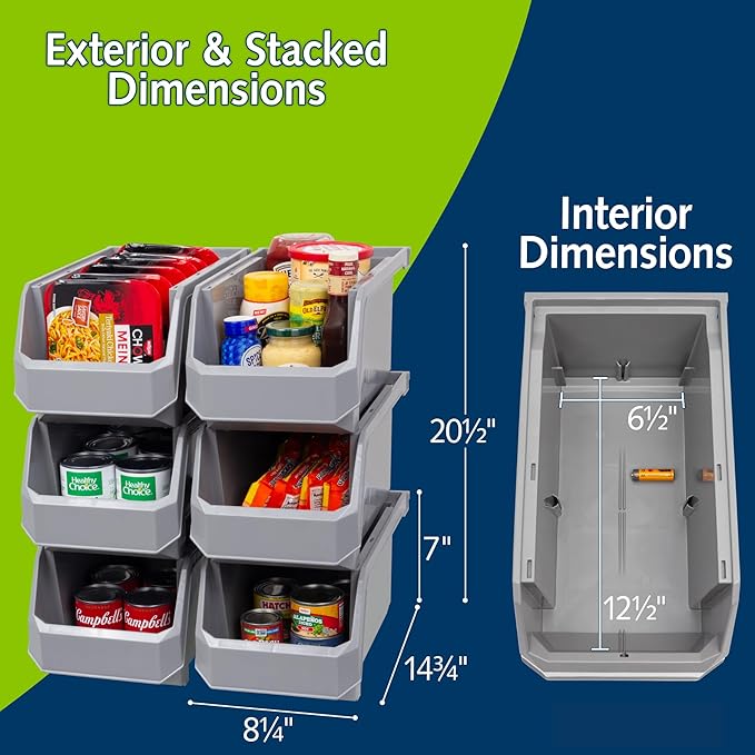 Plastic Containers for Organizing and Storage Bins for Closet, Kitchen, Office, Garage or Pantry Organization, Stackable Bins, Large (14.8" x 8" x 7"), 6-Pack, Grey