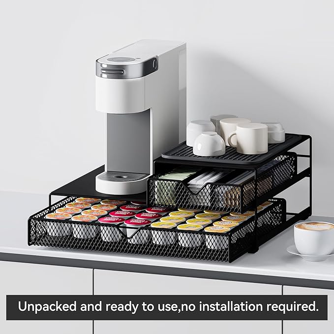 K Cup Organizer for Coffee Station - Sturdy Machine Base 60 Coffee Pod Storage Drawer, Non-Sagging Stand Compatible with Keurig K-Cup Pods, Anti-Vibration, No Assembly (Black)