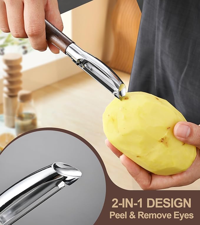 Ugotit Premium Vegetable Peeler, I Type 304 Stainless Steel Swivel Blade, Potato Eye Remover, Real Wood Handle Leather Strap, Kitchen Essentials