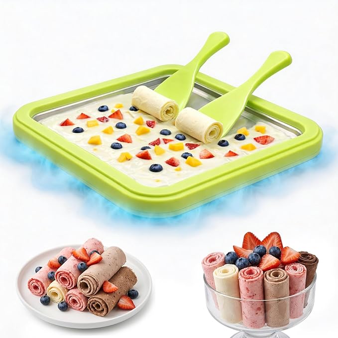 Rolled Ice Cream Maker,304 Stainless Steel Instant Ice Cream Machine with Ice Cream Tray – DIY Frozen Yogurt, Gelato, Sorbet & Slushie Maker Kit for Family Fun, Easy to Use & Clean (Mint Green)