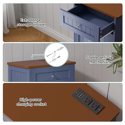 Betterhood Double Tilt Out Trash Cabinet with Power Outlet, 10 Gallon Trash Cabinet with Storage,Pet Proof Trash Can with 2 AC & USB Sockets for Kitchen,Living Room (Blue, Single Door)