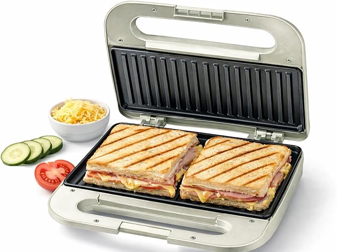 Living+ 9-Inch Electric Grill & Panini Press – Non-Stick Indoor Grill, 2-Slice Panini Grill Press Sandwich Maker with Indicator Lights, Overheat Protection, Cool Touch Housing, Wood Trim Design, 760W