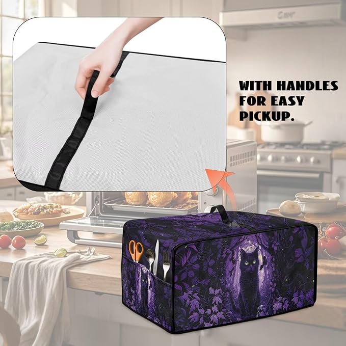 Countertop Convection Oven Cover Decorative and Protective Air Fryer Toaster Oven Dust Cover for Home Kitchen Indoor Decor, M, Black Cat Skull Bat Violet Forest Halloween
