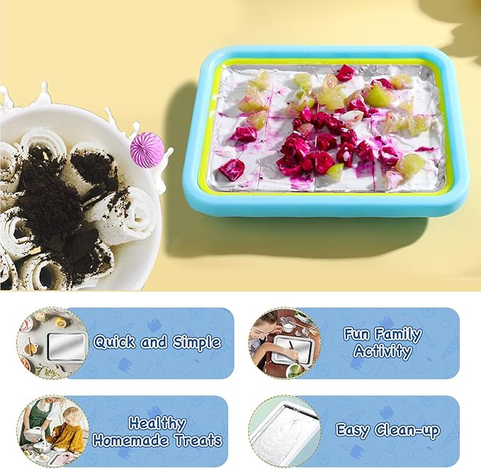 Mini Rolled Ice Cream Maker, Frozen Yogurt Rolls Tray, Instant Cold Plate Ice Cream Maker, Homemade DIY Smoothies, Ideal for Family Activities, Lake Blue