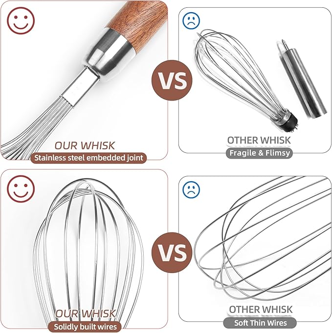 Stainless Steel Wire Cooking Whisk, Multi Function Kitchen Hand Whisk Non Stick Balloon Whisk Egg Beater for Blending Whisking Beating Frothing Stirring Batters,Wooden Handle (11""L x 2.1""W)