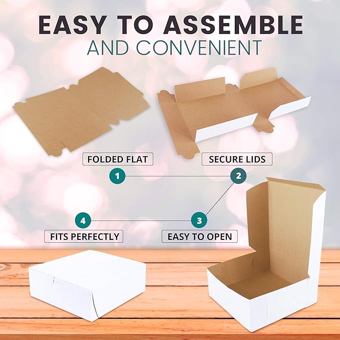 Fit Meal Prep 250 Pack White Bakery Boxes, 6 x 6 x 3 Inches Kraft Lined Pastry Boxes for Cupcakes, Chocolates, Donuts & Macarons