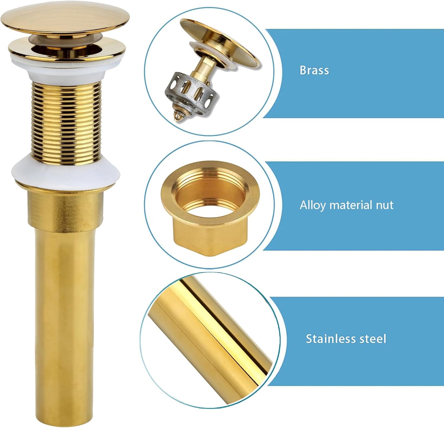 Bathroom Sink Drain, Gold Drain Stopper Bathroom Sink Without Overflow,Pop Up Drain Assembly with Detachable Strainer Basket,Built-in Anti-Clogging Strainer,Stainless Steel