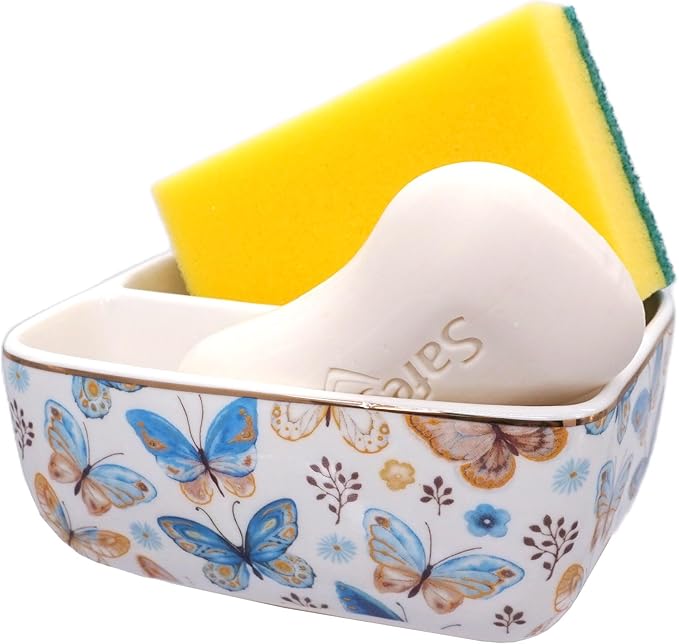 2 Compartments Ceramic Sponge Holder for Kitchen Sink, Cute Floral Pattern Countertop Dish Sponges Holder Soap Sink Organizer Caddy Farmhouse Home Kitchen Decor Butterfly