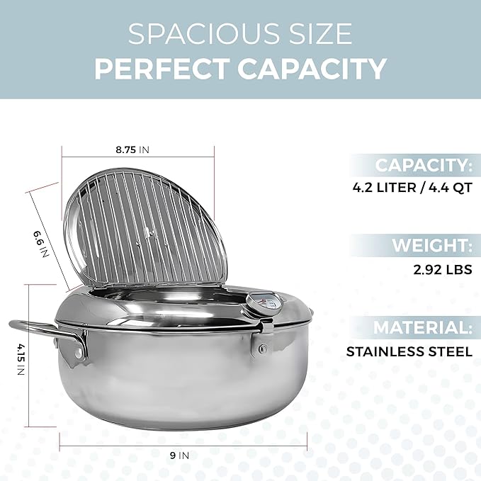 Alpha Living SDF-04 Deep Fryer Pot – 11-Inch Stainless Steel Frying Pot with Oil Thermometer – Ideal for Deep Frying Chicken, Fries, Mini Donuts, Tempura & More – Frying Pan for Home Use