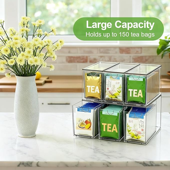 2 Pack Stackable Tea Bag Storage Organizer Drawers – Clear Acrylic Tea Bag Holder for Cabinet, Drawer, Pantry, Countertop – Kitchen Tea Storage Container