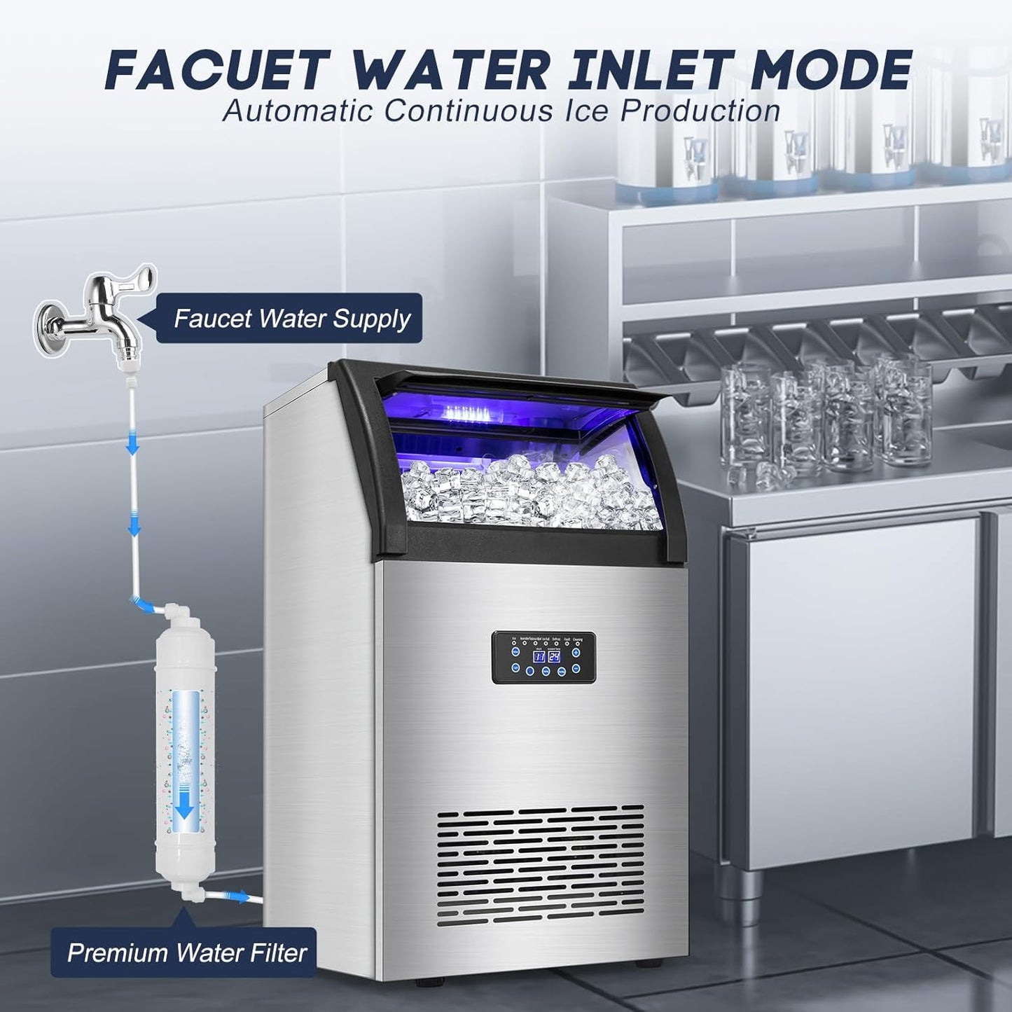 【150LBS/24H + 55 Ice Cubes/10-15 Mins】 Commercial Ice Maker - 50LBS Storage, Stainless Steel, Self-Cleaning for Home Bar Outdoor