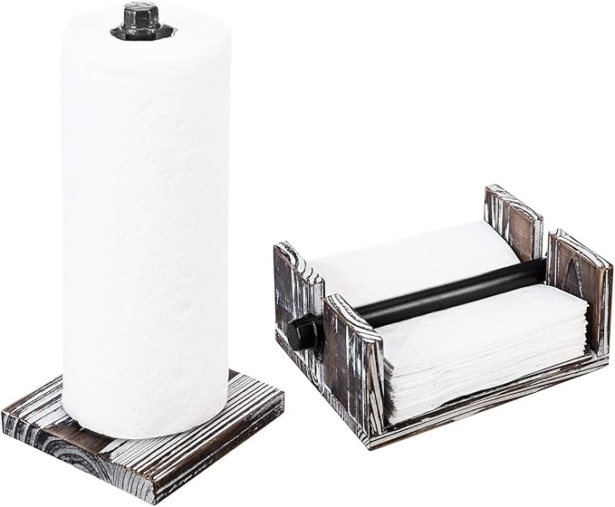 MyGift Paper Towel and Napkin Holder Set, Countertop Torched Wood and Industrial Metal Paper Towel Holder and Flat Napkin Holder with Weighted Arm