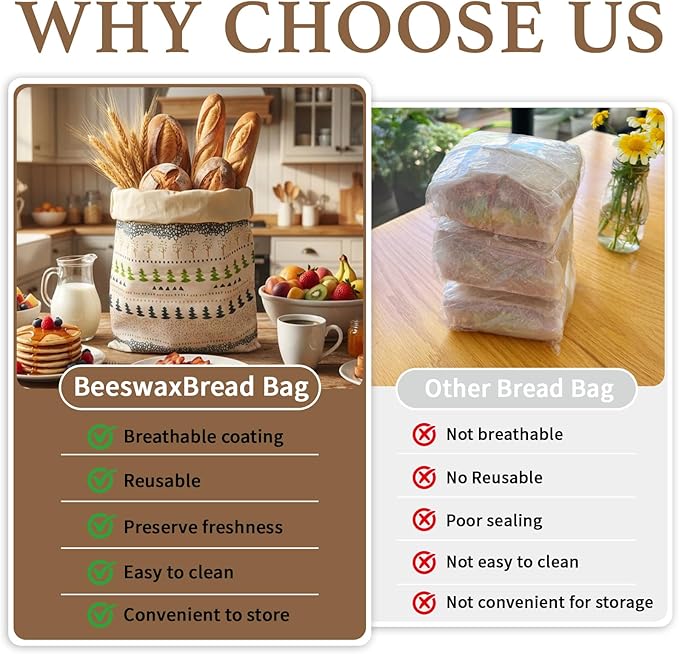 Reusable Beeswax Bread Bags-17"x13" Large Bread Bags for Sourdough & Homemade Cloth BreadBags Keeps Fresh Longer 2Pack (Tree Patterns) | Tree Pattern, Beeswax keep fresh, Large Size, Zipper, Snap-On