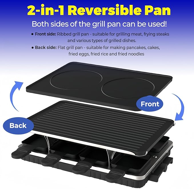 Raclette Grill, Raclette for 8 People, 1300W Electric Grill with 1 Reversible Non-stick Grill Pan & 8 Mini Raclette Cheese Pans & 1 Wooden Spatula, for Indoor Family Barbecue & Party