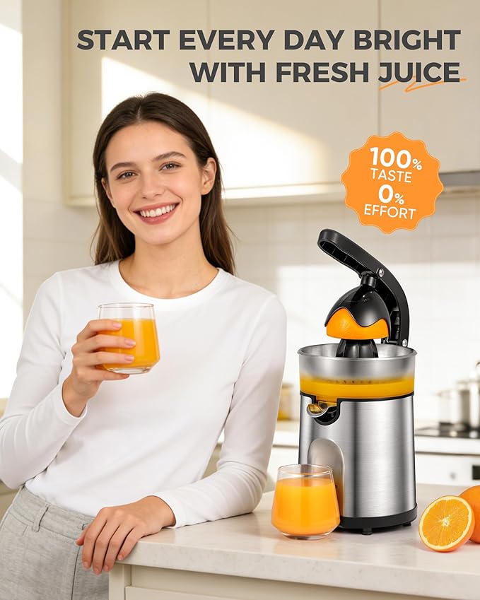 Electric Orange Juicer, Citrus Juicer Squeezer with 2 Interchangeable Cones, 160W Electric Juicer Machine with Stainless Steel Body & Transparent Juice Collector for Lime Grapefruit Lemon