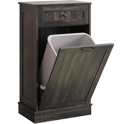 KIGOTY Tilt Out Trash Can Cabinet Trash Bin Cabinet with Hideaway Drawer Hidden Wooden Kitchen Garbage Can, Pet Proof Trash Can Holder for Kitchen (Rustic Black)