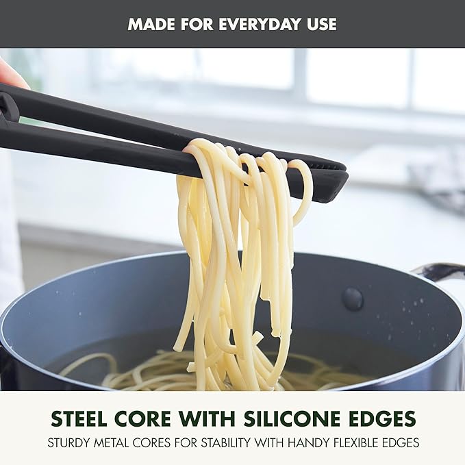 GreenPan Silicone Tong, Cooking Grilling Serving, Salad, Kitchen Utensil, Flexible Rubber Nonstick Cookware, Rigid Steel Core, Heat-Resistant, Anti-Slip Handle, BPA-Free, Dishwasher Safe, Gray