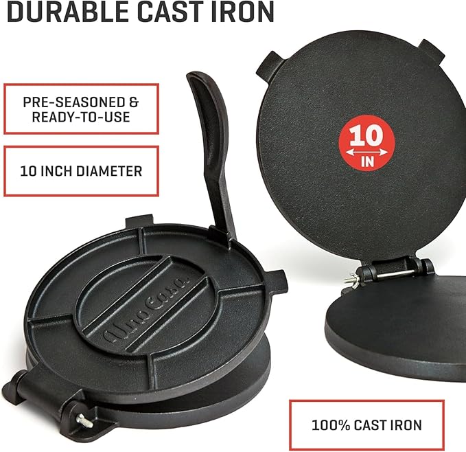 Uno Casa Cast Iron Tortilla Press 10 Inch - Tortilla Maker Press, Pre-Seasoned Roti Maker with 100 Pcs Parchment Paper - Heavy Duty Quesadilla Maker for Homemade Flatbreads, Rotis, Empanadas