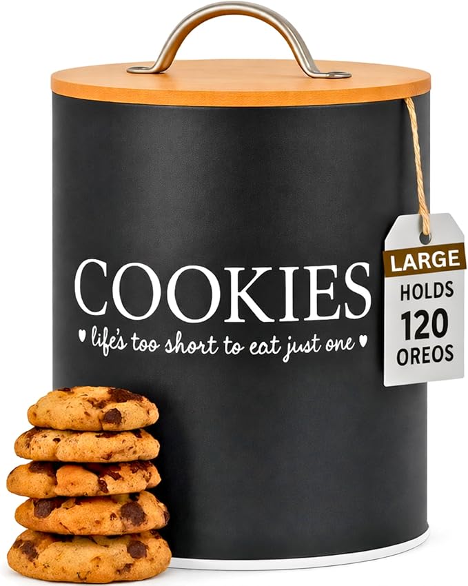 D'Lifeful Cookie Jar with Airtight Bamboo Lid – 1.1 Gallon Cute and Decorative Cookie Storage for Kitchen Countertop – Farmhouse Storage Tin for Freshness – Great Gift Idea (Black)
