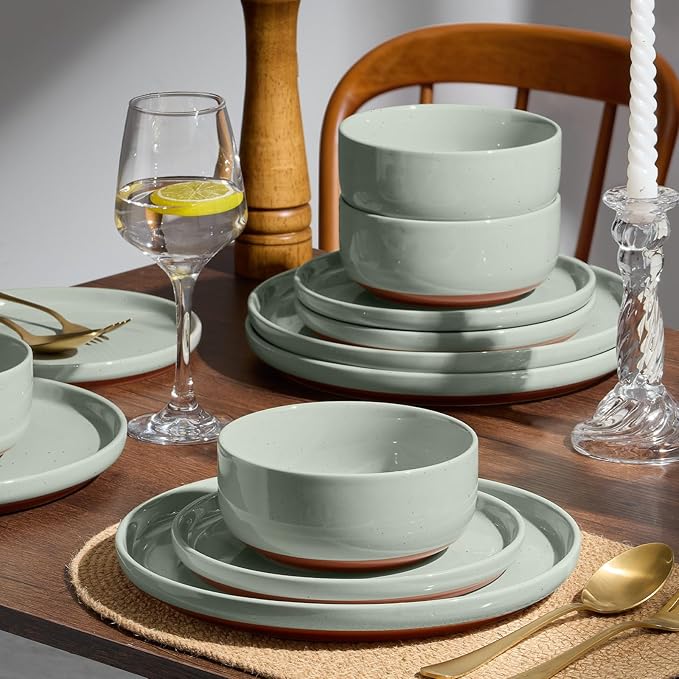 E-far 24-Piece Stoneware Dinnerware Sets, Plates and Bowls Sets for 8, Ceramic Dishware Dishes Set with Terracotta Base, Chip & Scratch Resistant, Microwave & Dishwasher Safe, Speckled Green
