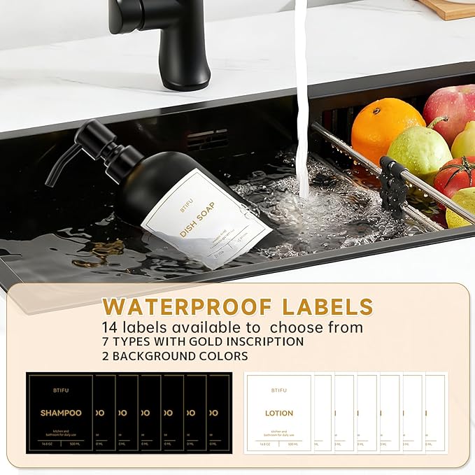 Kitchen Soap Dispenser Set – 16.8oz/500ml Glass Hand and Dish Soap Dispenser with Stainless Steel Pumps & Non-Slip Silicone Base, Luxury Countertop Decor for Home, Airbnb, Vacation Rental (Black)