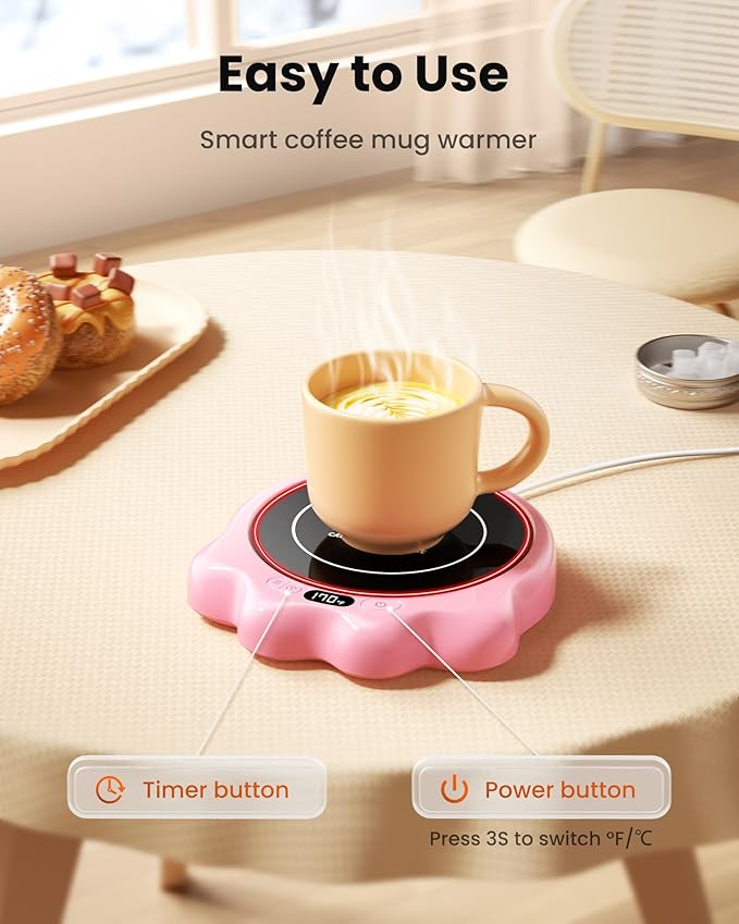 Gaiatop Mug Warmer, 50W Cute Cat Paw Cup Warmers, 3 Temp Settings, 2-10H Auto Shut Off, Coffee Accessories Keep Beverage Hot for Desk and Home, Heated Plate Stocking Stuffers for Tea Candle Pink