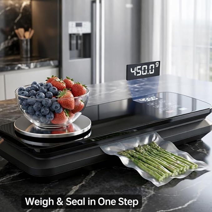 Food Vacuum Sealer Machine, 90KPA with Kitchen Scale, One-Touch Automatic, Multiple Modes, with 10 Sealer Bags and 1 Roll, Built-in Cutter, Black