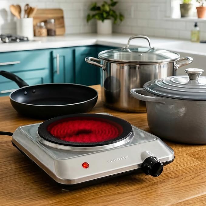 OVENTE Countertop Infrared Single Burner, 1000W Electric Hot Plate w/ 7.5” Ceramic Glass Cooktop, 6 Level Temperature Setting & Easy to Clean Base, Compact Stove for Home Dorm Office, Silver BGI201S
