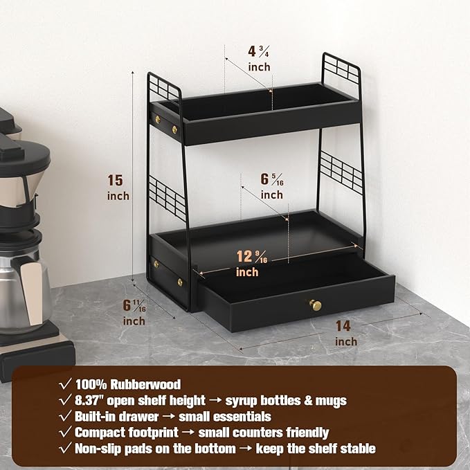 Coffee Bar Station Organizer with Built-In Drawer, 2-Tier Countertop Shelf for Tea Bags, Coffee Accessories, Syrup Bottles (Black)