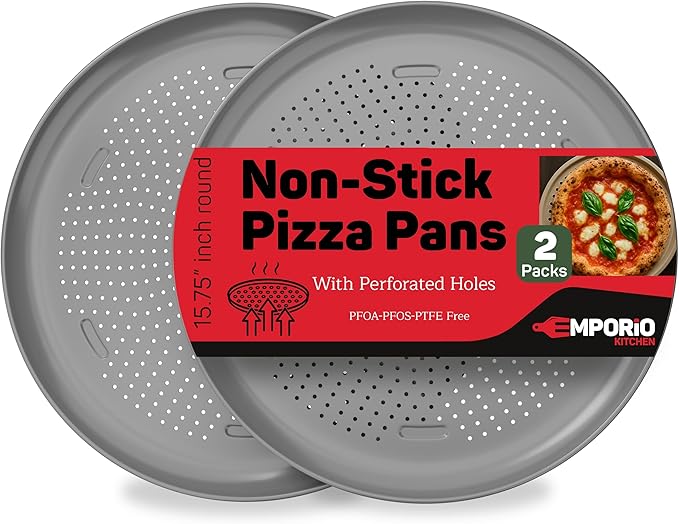 Emporio Kitchen Non-Stick Pizza Pan 2 Pack – 16 Inch Round Carbon Steel Pizza Tray with Perforated Holes, PFOAPFOSPTFE-Free, Dishwasher & Oven Safe Up To 450°F, Durable Nonstick Silver Coating