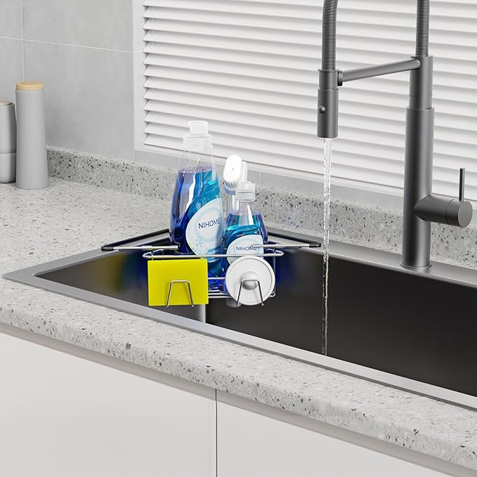 NiHome Extendable Arm Stainless Steel Kitchen Sink Corner Caddy, Easy Install Space-Saving Adjustable Sponge Holder for Most Square Standard Sinks, Non-Slip Rust-Resistant for Brushes, Soap, Sponges