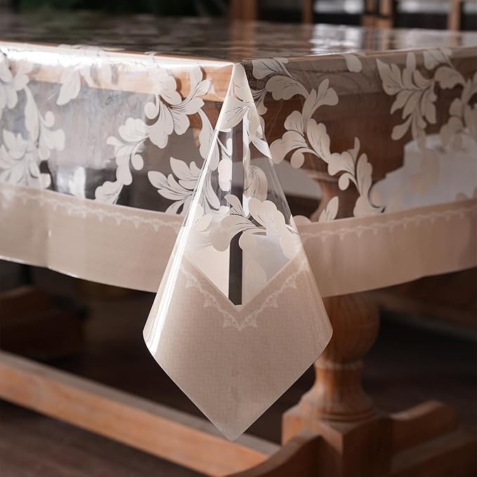 Waterproof Clear Table Cover Protector Vinyl Rectangle Table Cloth Oil Spill Proof Wipe Clean Plastic Tablecloths for Dining Tables (Scroll Grass, 60 x 104 Inches)