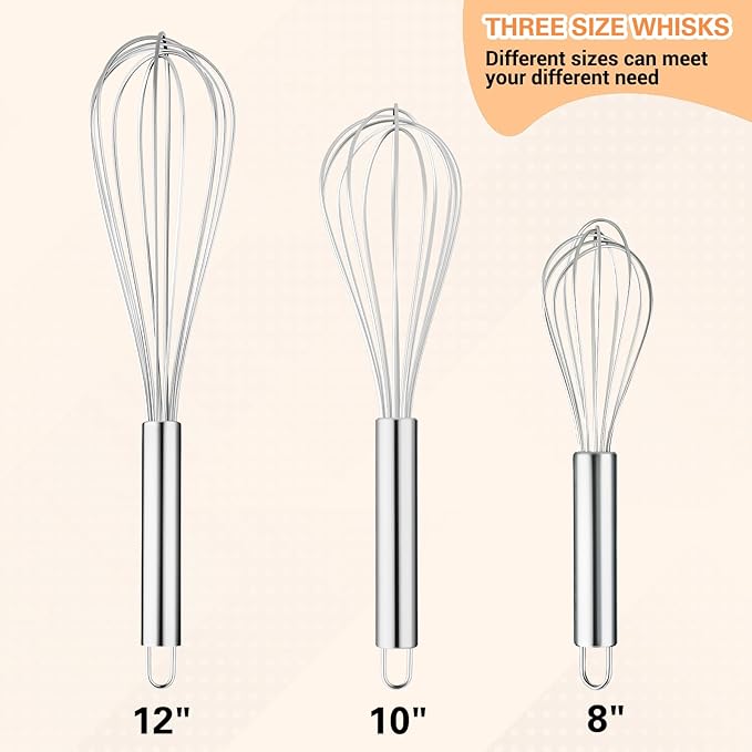 Metal Whisks for Cooking Stainless Steel Whisk Set 3 Pack Wisking Tool Balloon Wisk 8" 10" 12" Wire Whisk for Baking, Whisking, Mixing, Blending
