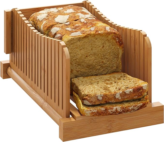 Bamboo Bread Slicer, Adjustable Bread Slicer Guide with 3 Thickness Size, Foldable Compact Chopping Cutting Board, Great for Homemade Bread, Cakes, Bagels