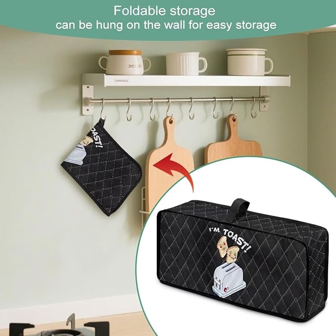 Toaster Cover 2 Slice Black I'm TOAST Design Toaster Covers 2 Slice Long Slot Slim Dust Cover, Machine Washable Thin Small Appliance Covers for Kitchen