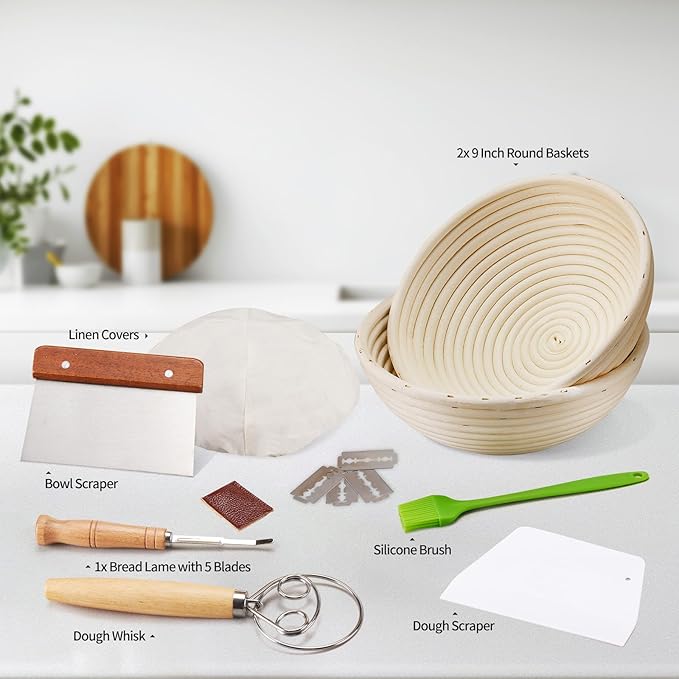 Dimpola Banneton Proofing Basket for Sourdough Bread, Handmade & Natural Rattan - Round Dough Rising Basket for Baking - Perfect for Artisan Breads (Round of 2 Gift Set)