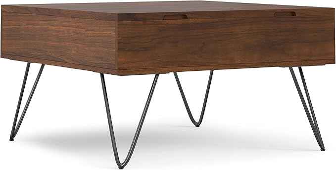SIMPLIHOME Hunter Lift Top Coffee Table - 32 inch Wide Walnut Veneer and Metal Industrial Square Cocktail Table, Living Room Table with Dual Lift Tops, Hidden Storage and Hairpin Legs