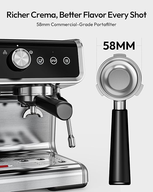 EUHOMY Espresso Machine with Grinder, 30 Grind Settings, 20 Bar Coffee Maker with 58mm Portafilter, Expresso Coffee Machines with Touch Screen for Home, Milk Frother for Latte & Cappuccino