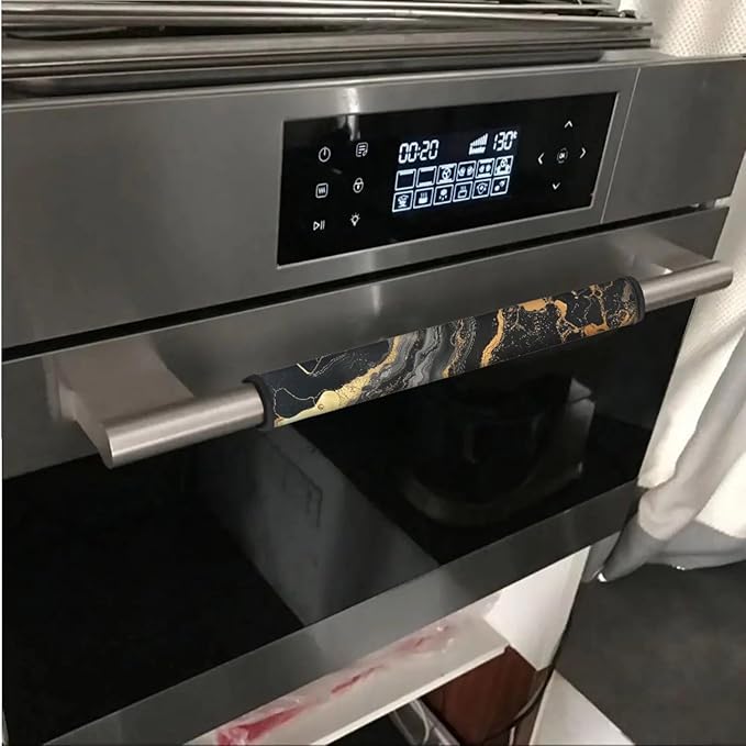 Fridge Door Handle Covers Set of 6 Waterproof Antiskid Protector Decor Handles for Refrigerator, Microwave, Dishwasher, Kitchen Cabinet, Oven, Black Gold Marble Print